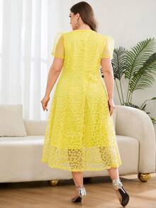 Reflora Plus Size Elegant Solid Color Embroidered Mesh Summer Dress - Yellow - View 3
