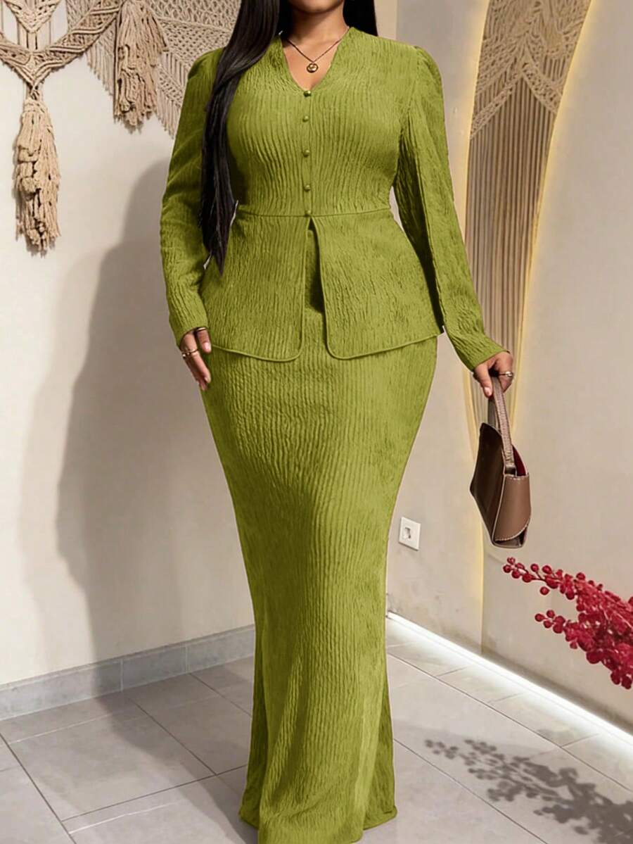 Veslaya Nuevo conjunto elegante y de fiesta y de cita y de noche y de graduación y de boda y de cumpleaños y de San Valentín y de reunión y de despedida de soltera y de banquete con top de manga larga de cuello en V sólido marrón con cintura ceñida y falda maxi ajustada de 2 piezas, talla grande, material de textura de punto, conjunto marrón de 2 piezas para mujer de talla grande, conjunto de falda de talla grande, conjunto de falda curva, vestido marrón para mujer de talla grande - Verde - Ver 1