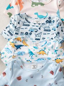 [3 Sets/5 Sets] Baby Boy Summer Knit Round Neck Short Sleeve Shorts, Hot Selling Cartoon Bear, Car, Dinosaur Digital Print Cute Pattern 6-Piece Pajama Set, Tight-Fitting Loungewear - Multicolor - View 2