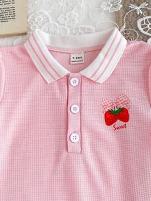 SHEIN Baby Girls' Puff Sleeve Pink Polo Collar Strawberry Print Ruffle Hem Casual Short Sleeve Dress - Pink - View 5