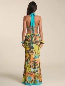 SHEIN BAE Damen Lässiges Urlaubs-Spaghetti-Träger Rückenfrei Cami Top kombiniert mit langem Schlitz Maxi Rock, Mesh Schmetterling & Blumen Muster Heißes 2 Stücke Set, geeignet für Strandurlaub, Schwestern Lässig Urlaub, Heißer Urlaub, Heißes Set, Schmetterling Muster Set - Gelb - Übersicht 2