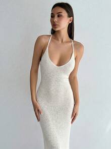 Aloruh 春夏新款性感露背深V领紧身长裙，荷叶边网纱设计，杏色，优雅性感沙滩度假毛衣裙，波西米亚风女士度假装扮 - 米色 - 查看 8