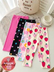 3pcs/Set Surprise Hidden Box, Random 3pcs Girls Leggings - Heart, Colorful Flower, Strawberry And Solid Fuchsia, Suitable For Spring/Summer, Sweet & Fresh, Comfortable For Outings & Daily Activities - Multicolor - View 2
