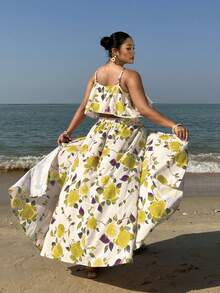 Sunnyshic Bộ đồ 2 món cỡ lớn in họa tiết hoa, áo hai dây và quần short, trang phục thường ngày cho kỳ nghỉ lễ Phục sinh. - Vàng nhạt - Xem 2