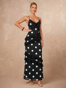 Lumalex New Sleeveless Polka Dot Ruffle Trim Dress - Black and White - View 6