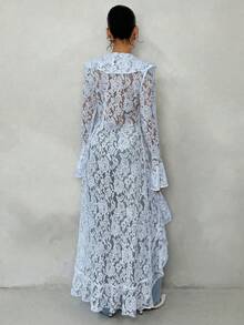 Glamine 春夏浪漫度假風荷葉邊優雅蕾絲透視女款長版薄外套 - 藍色 - 查看 2