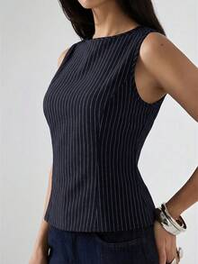 LYSMO 2026 New Minimalist Brown Striped Round Neck Fitted Casual Tank Top, Suitable For Work/Business Casual/Office Wear, Fashionable Women's Shirt/Casual Women's Shirt - Navy Blue - View 5
