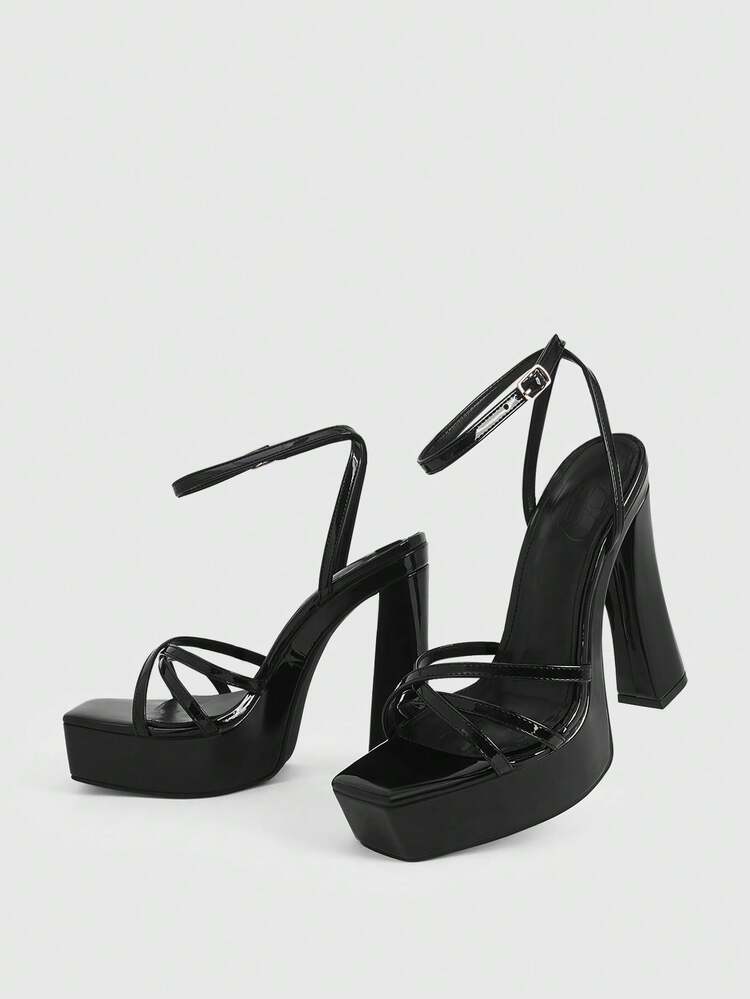CUCCOO LuxiPop Women's Fashion Spring And Summer New Design Thick Heel High Heel Side Head Elegant Temperament Simple Light Version Black Cross Belt Hollow Ankle Belt High Heel Dew Heel Sexy Nightclub Style Sandals