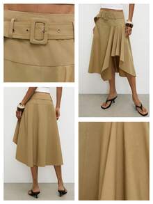 Maija Falda de unicolor casual versátil para uso diario, verano, para mujeres, festival, playa, vacaciones estilo campestre - Caqui - Ver 3