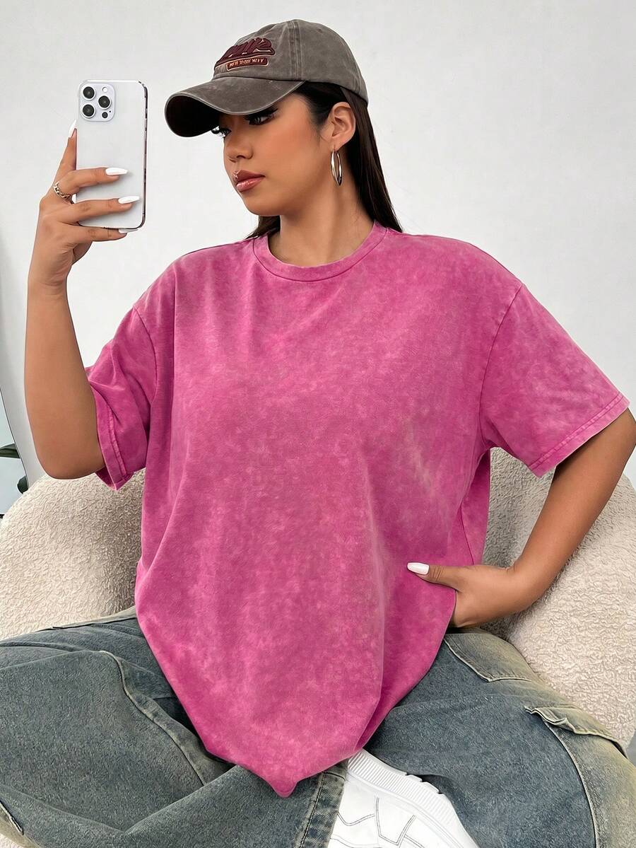 Solflare Plus Size Acid Washed Look Vintage Knitted Distressed Loose Fit Short Sleeve T-Shirt, Rose Red - Hot Pink - View 1