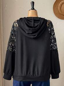 Rusticease Plus Size Solid Color Lace Patchwork Sweatshirt - Black - View 2