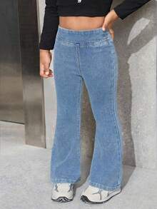 SHEIN Girls' Blue Denim Stretch Skinny Flare Pants - Light Wash - View 5