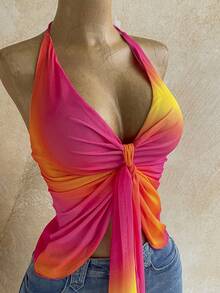 Soleia Top halter con tiras anudadas y degradado de puesta de sol romántico para mujer, vacaciones, festival de música vintage, fiesta, vacaciones tropicales, cita, té de la tarde, crucero de playa, viaje por carretera, vacaciones en la ciudad, festival de música, fiesta, bohemio, hippie, occidental, carnaval, Día de San Patricio - Rosa Fucsia - Ver 3