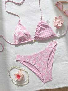 Swim Mod Women's Sweet And Cute Pink Floral Patterned Reversible Bikini Swimsuit Set Vacation Summer Casual,Pink Plaid Seashell Pendant Bikini - Multicolor - View 4