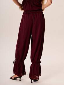 Willow Rêve Elegant Burgundy Lace Trim Drawstring Pants Vacation Holiday Summer Boho Style - Burgundy - View 2