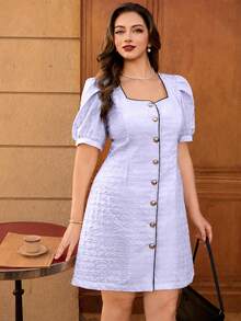 SHEIN Clasi Plus Size Women's Purple Houndstooth Textured Fabric Square Neck Short Sleeve Casual Elegant Retro Dress - Purple - View 6