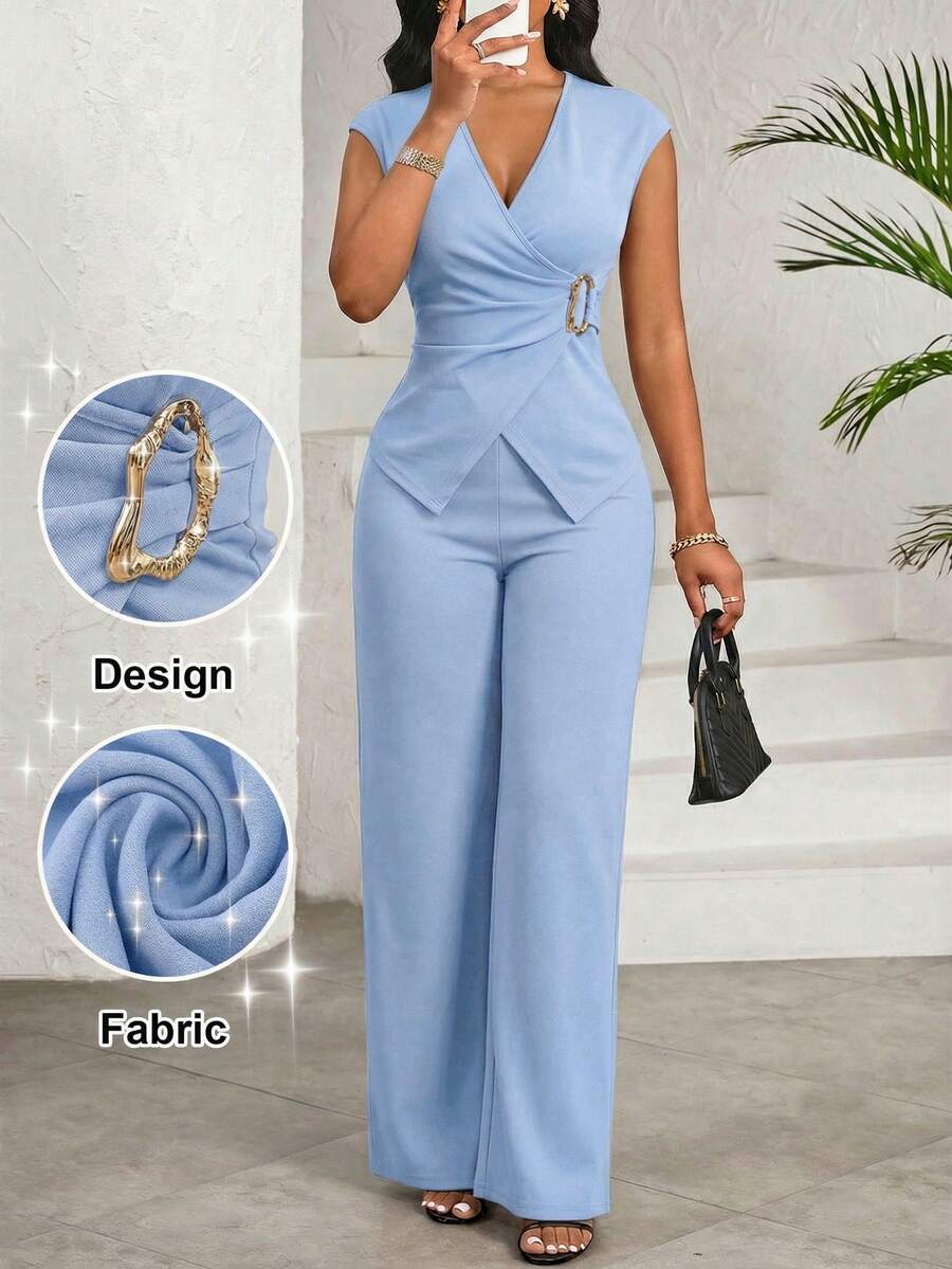 SHEIN Lady 女士纯色金属设计上衣和裤子优雅两件套 - 藍色 - 查看 1