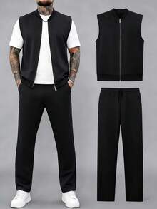 Manfinity Homme 男士休闲日常通勤简约纯色拉链背心外套和裤子套装，适合春、夏、秋季穿着。 - 黑色 - 查看 1