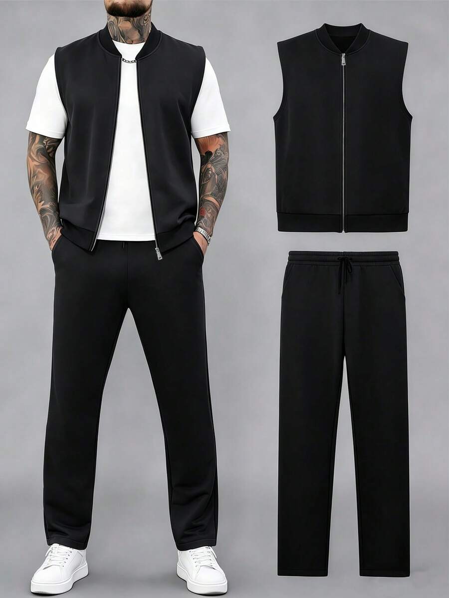 Manfinity Homme 男士休闲日常通勤简约纯色拉链背心外套和裤子套装,适合春、夏、秋季穿着。 - 黑色 - 查看 1