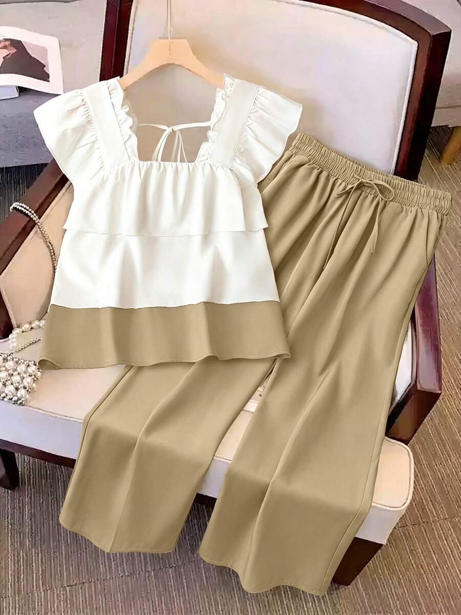 Franclia Women's Flutter Sleeve Colorblock Patchwork Set - Green - View 1