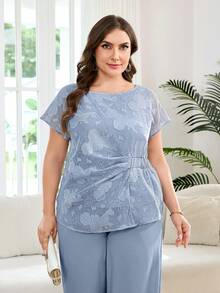 Reflora Conjunto de 2 piezas para mujer talla grande, elegante top de manga corta de unicolor y pantalones largos, adecuado para primavera, verano, uso diario, ir al trabajo - Celeste - Ver 4