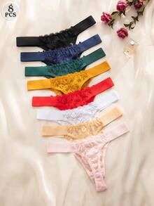 SHEIN 8件/包 女款蕾絲飾邊舒適內褲 - 彩色 - 查看 3