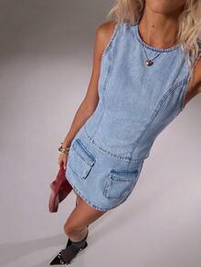 TRNVIE Women's Casual Denim Crew Neck Top And Skort Set, For Daily Wear - Light Wash - View 4