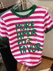 DrmWander Plus Size Summer Casual Striped Letter Print T-Shirt - Multicolor - View 3