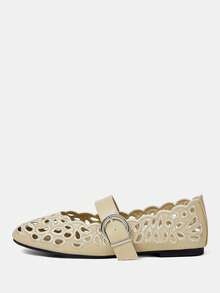 CUCCOO CHICEST Women's Hollow Embroidery, Buckle, Comfortable Flat Shoes - Apricot - View 2
