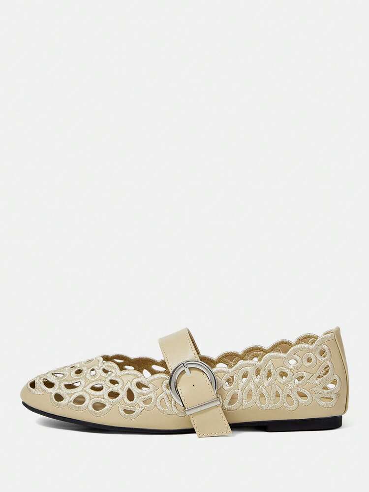 CUCCOO CHICEST Women's Hollow Embroidery, Buckle, Comfortable Flat Shoes