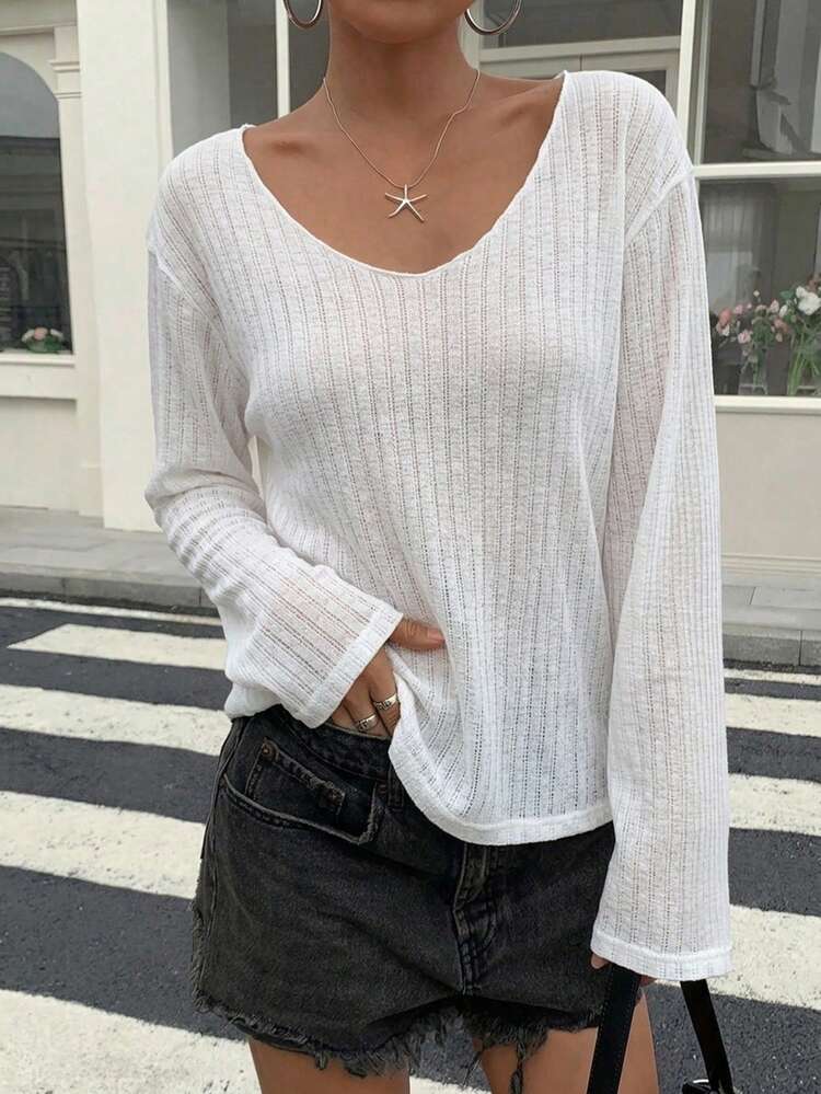 Women's Loose Fit Deep V-Neck Long Sleeve Sheer Casual Top, Urban Street Style T-Shirt For Summer