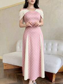 Modelyn 女款針織黑白波點對比露肩收腰優雅晚宴約會洋裝 - 粉色 - 查看 3