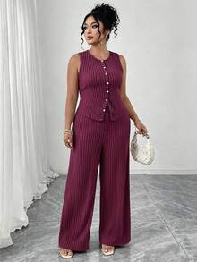 SHEIN Clasi Plus Size Women's Solid Color Textured 2-Piece Set, Sleeveless Crew Neck Button Bodysuit High Waist Loose Straight Pants, Vacation Brunch Casual - Red Violet - View 4