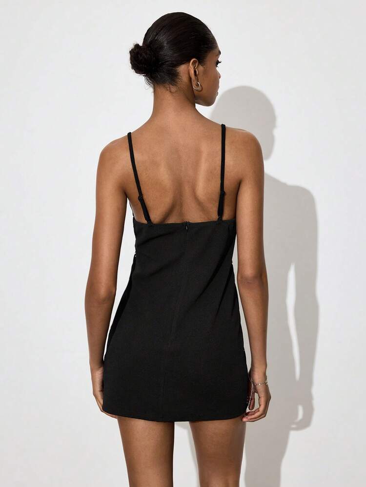 SHEIN Maija Women's 70s Black Pearl Decor Camisole Mini Dress,Elegant Summmer Party Club Night Outfits,Casual Beach Holiday Vacation Modern City Boat Dress
