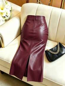 Qadelle Solid Color Pleated Back Zipper Slit Skirt Burgundy - Burgundy - View 2