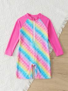Young Girls One-Piece Swimsuit With Zipper,Rainbow Gradient Pattern,Pink Long Sleeves,Modest Conservative Shorts,Summer Beach Swimming Pool Surfing - Multicolor - View 5