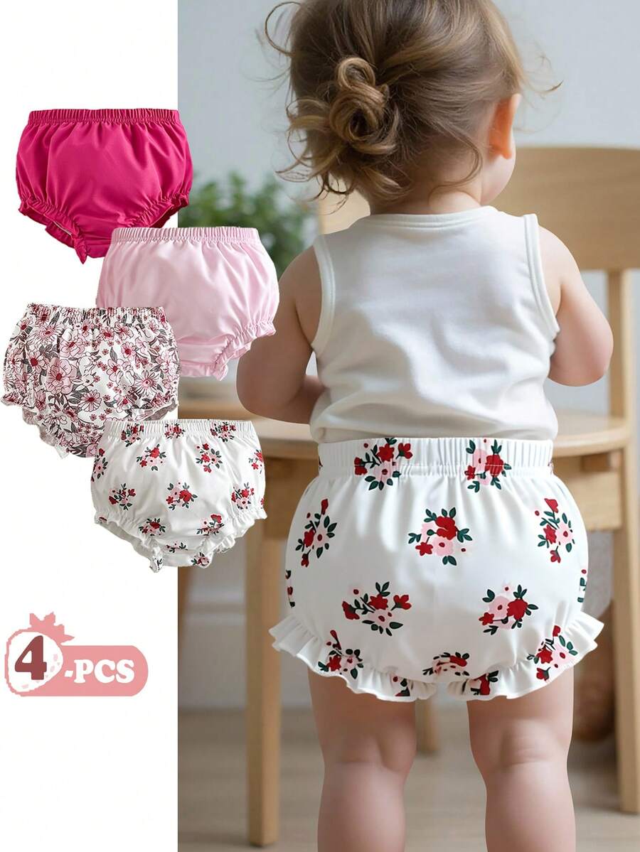 SHEIN Vintaside Kids 4 pièces/set Shorts fleuris rose et rose clair doux pour bébé fille, style minimaliste de campagne, coupe ample, convient pour le jeu en extérieur, le confort à la maison, facilement adaptable à diverses occasions de fête, été - Multicolore - Voir 1