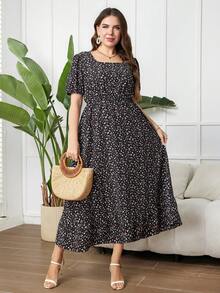 SHEIN Clasi Plus Size Women Summer Casual All-Over Ditsy Floral Square Neck Dress - Multicolor - View 7