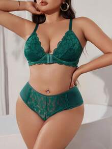 SHEIN Plus Bộ đồ lót ren hoa sò điệp và quần lót - Màu xanh lá cây đậm - Xem 4