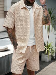 Manfinity CasualCool Camisa casual tejida con textura para hombres - Caqui - Ver 3