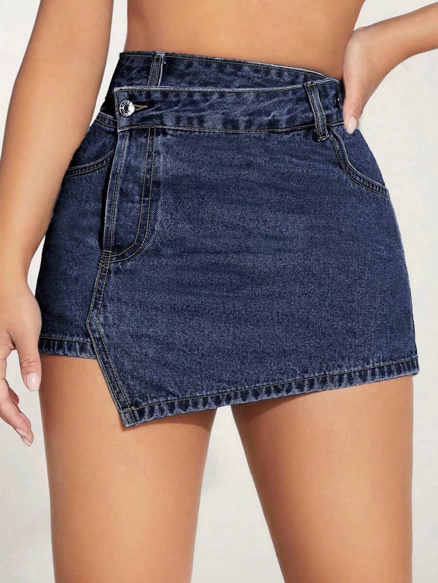 SHEIN PETITE 夏季休閒不對稱裹身牛仔短褲 - 中等水洗藍 - 查看 1