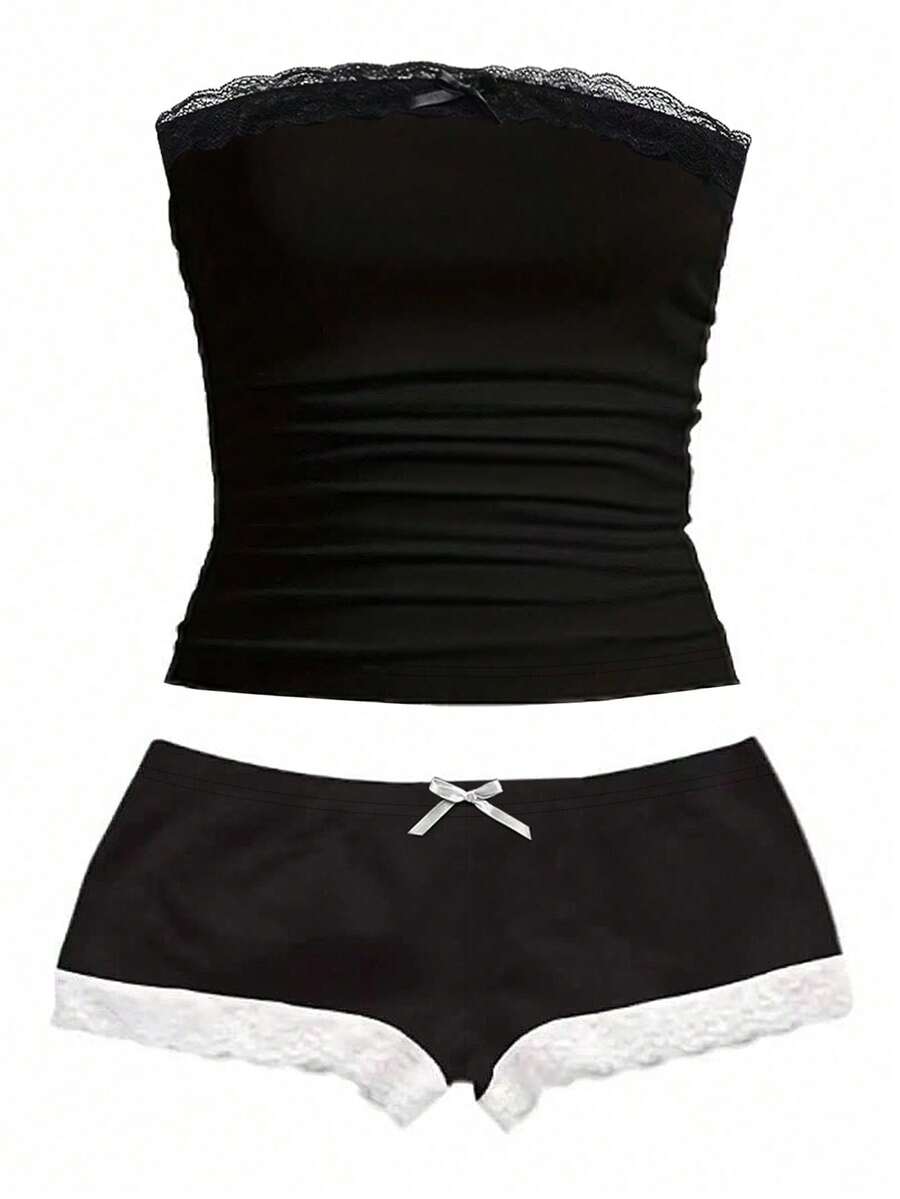 INAWLY Bộ trang phục 2 mảnh áo hai dây ren tương phản và quần short cho nữ - màu đen - Xem 1