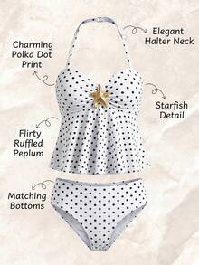 SHEIN Tween Girl Printed Polka Dot Halter Tankini Swimwear Set, Suitable For Beach, Vacation - Black and White - View 10