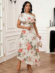 SHEIN Lady Women's Elegant Party Garden Party Floral Print Asymmetric Neckline Pleated Hem Midi Dress White And Pink Summer - Multicolor - View 6