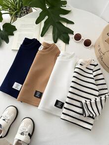 LMoss Kids 4pcs Baby Boy Knitted Solid Striped Crew Neck Casual Tops Set - Multicolor - View 3