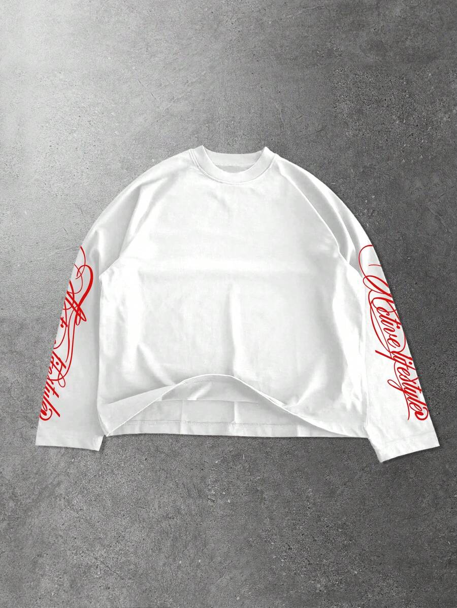 ROMWE MEN Street Life Men's Letter Print Contrast Color Crew Neck Long Sleeve T-Shirt - White - View 1