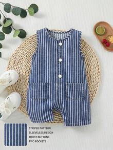 SHEIN Little Byeori Baby Boy Sleeveless Denim Romper, Navy Blue & White Striped - Medium Wash - View 2