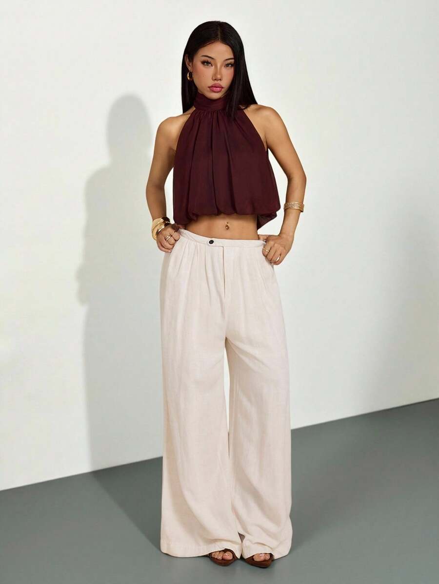 SHEIN PETITE Women's Fashionable Sexy Cropped Ruched Halter Top, Suitable For Dates And Music Festivals,Summer Top - Coffee Brown - View 1