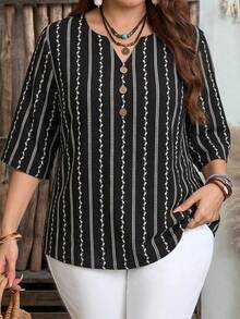 EMERY ROSE Plus Size Women V-Neck Button Striped Contrast Color Casual Shirt - Black - View 1