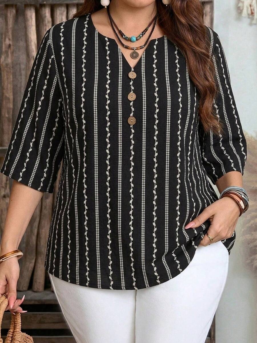 EMERY ROSE Plus Size Women V-Neck Button Striped Contrast Color Casual Shirt - Black - View 1
